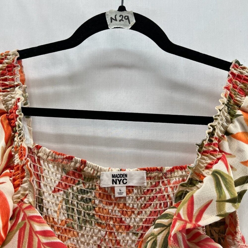 Madden NYC Dress Womens Sz L Juniors Flutter Sleeve Cut Out Boho Tropical Orange - Picture 13 of 13